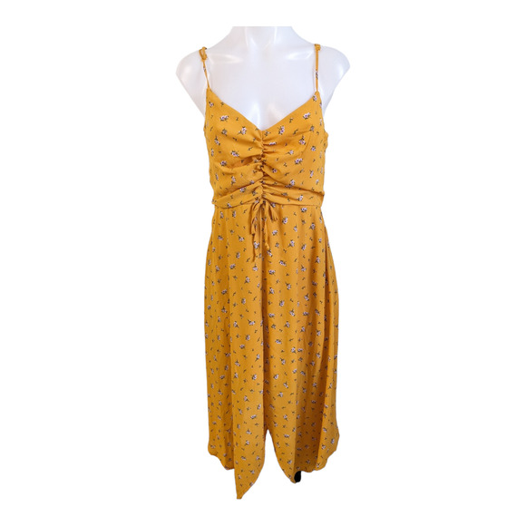 New Row A Size Medium Shift Midi Dress Sharkbite Yellow Ruched Sleeveless NWT - Picture 1 of 15
